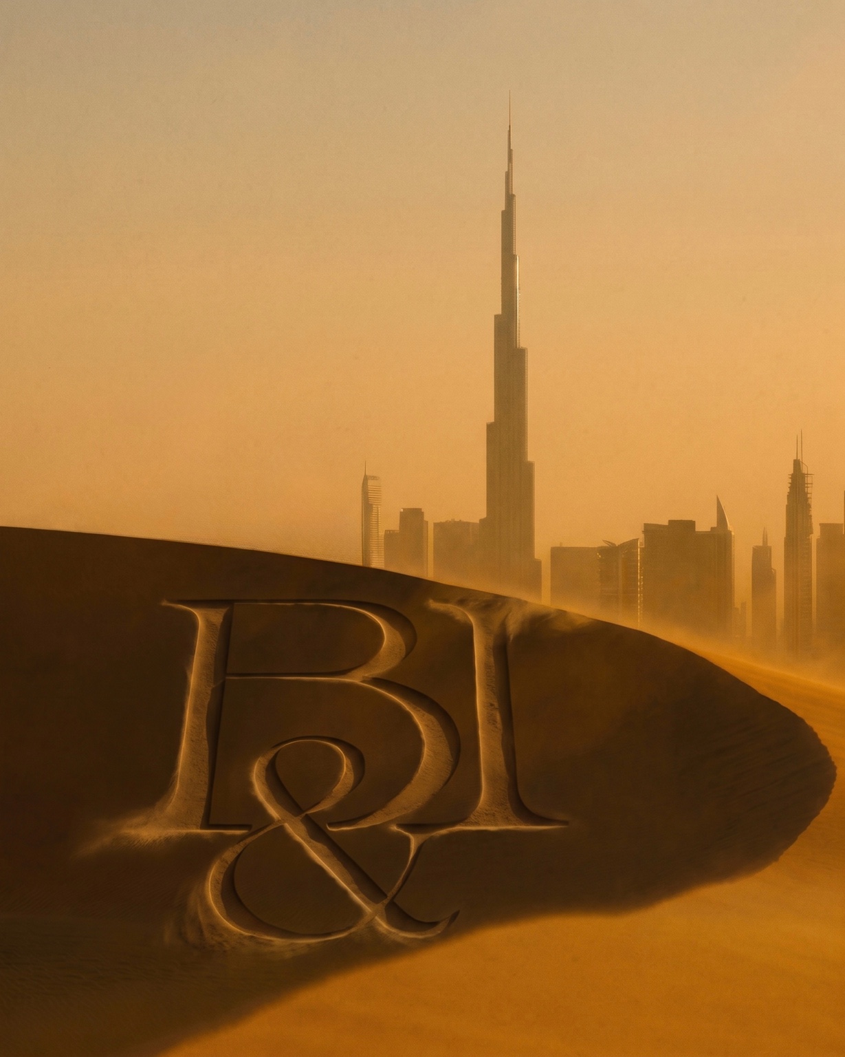The Dubai skyline in a golden haze above sand dunes, with the Bella & I monogram carved into the sand