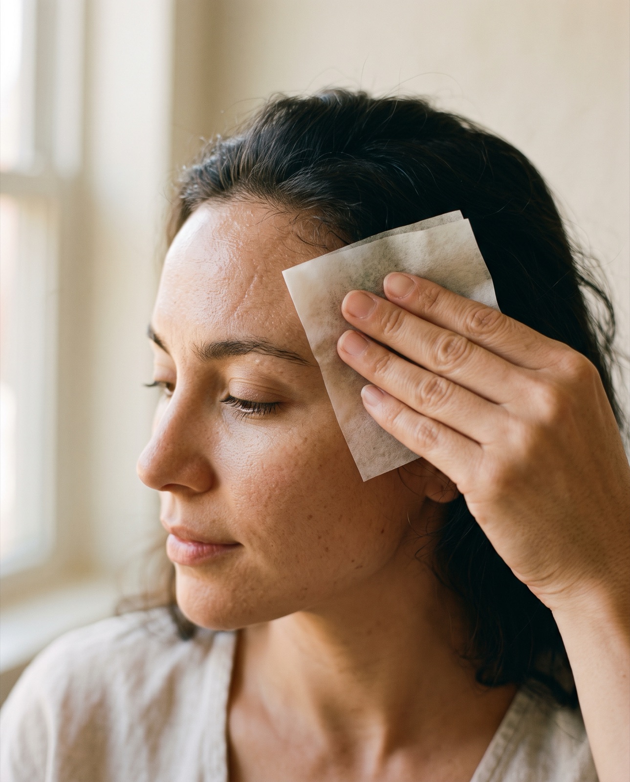A hand pressing a sheet of blotting paper to the side of the forehead