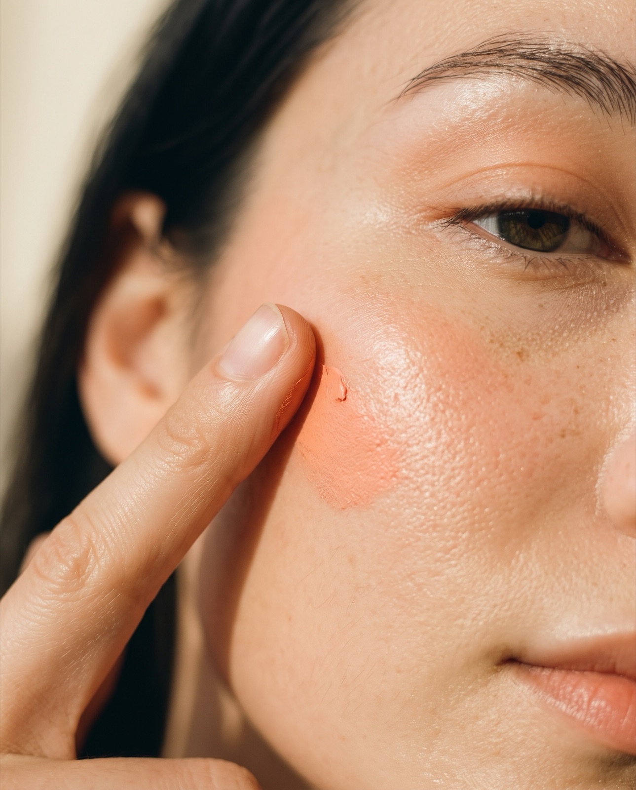 A fingertip blending a warm peach cream blush into the high point of the cheek