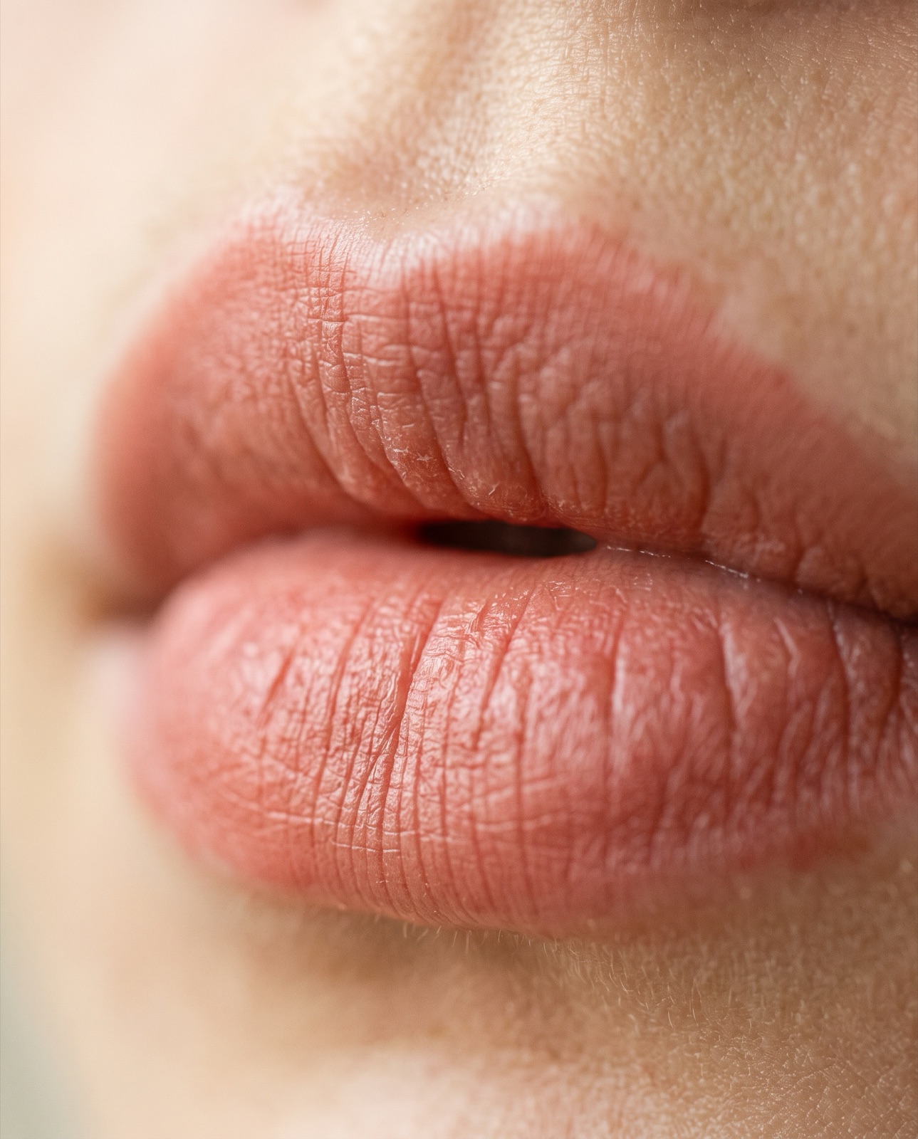 Close-up of lips wearing a soft, blotted peach-rose stain